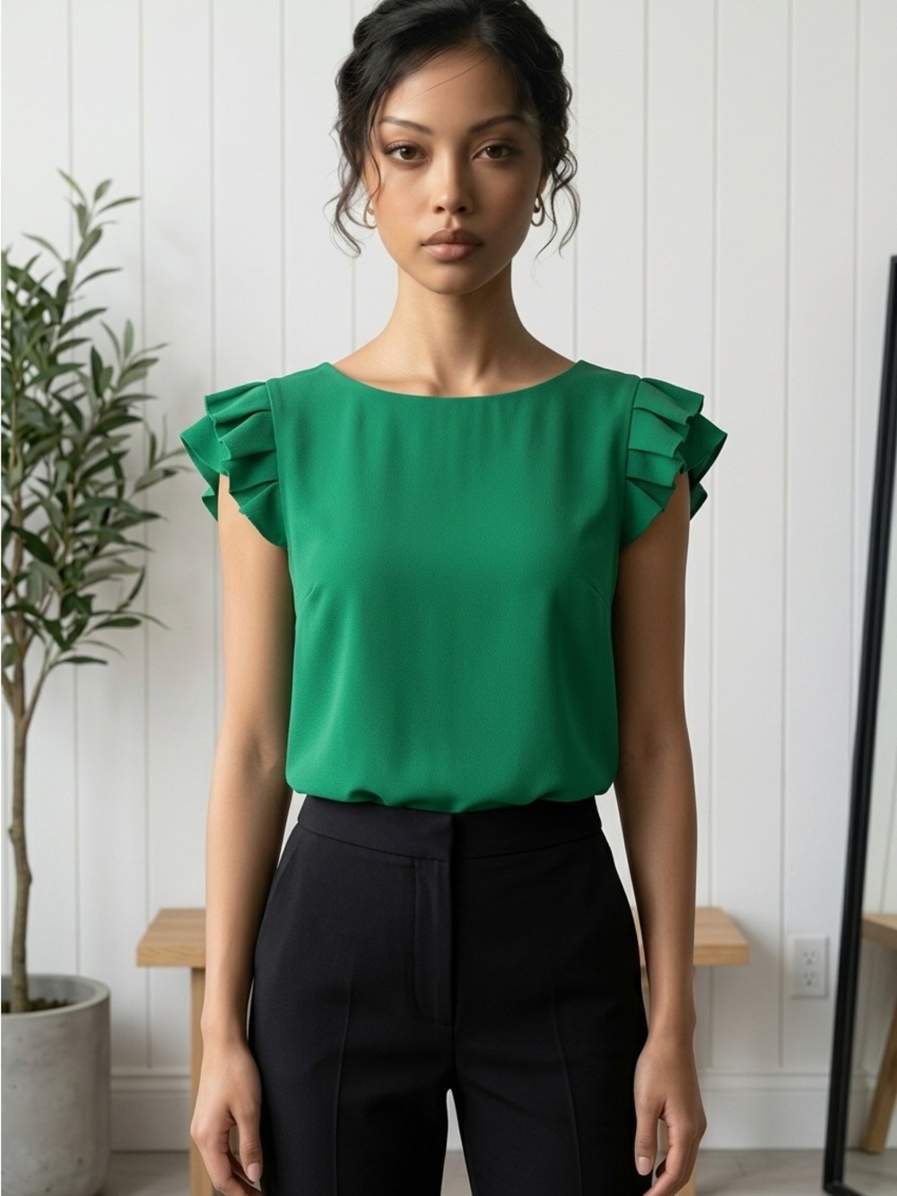 Monteau Womens Blouse Size M Green Pleated Cap Sleeve Summer Top Blouse